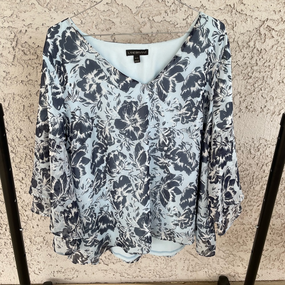 Lane Bryant Blue Floral Blouse with Flare Sleeves Size 14/16